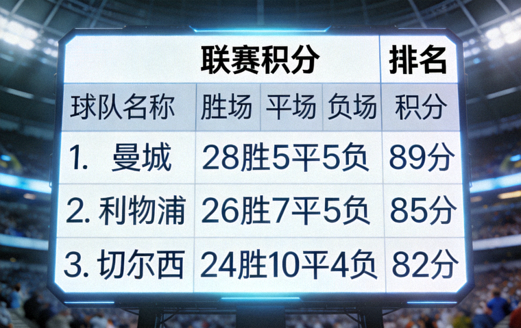 体育场内展示联赛积分与排名的电子数据屏幕